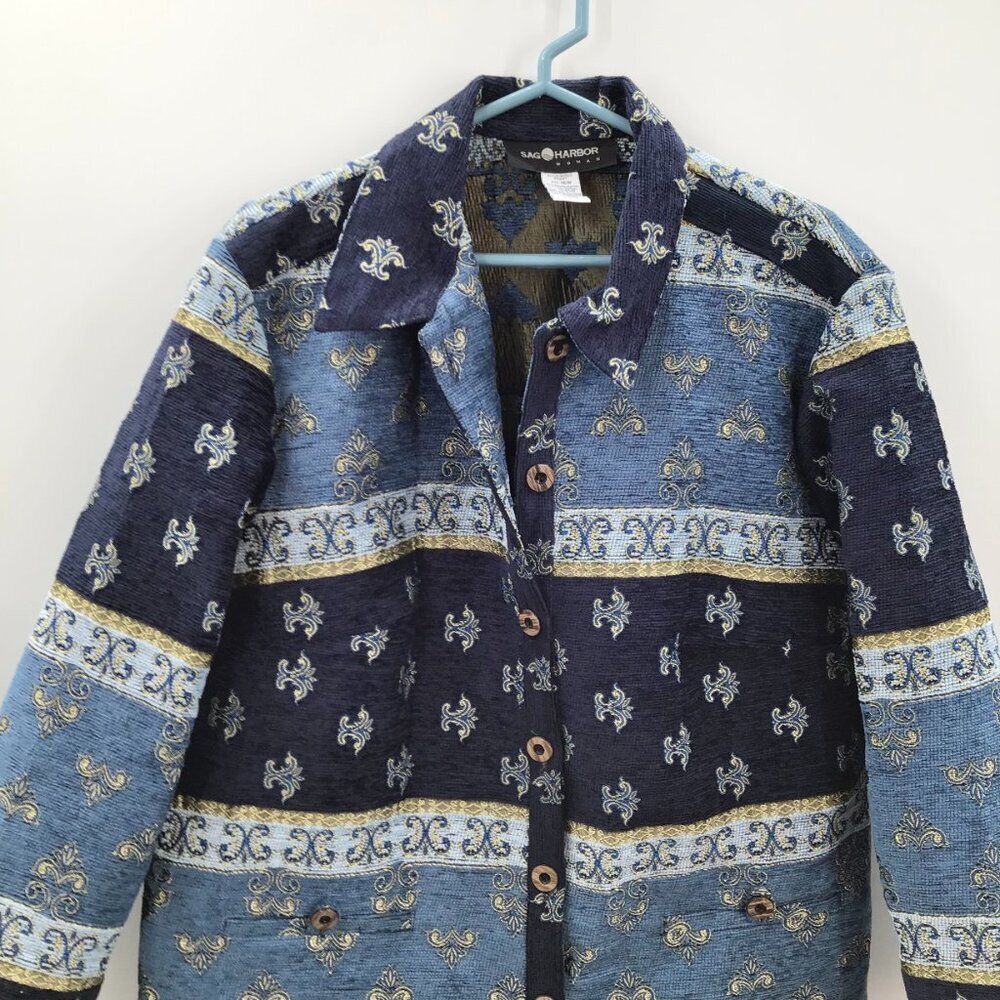 Women's Tapestry Jacket Coat 16W Blue Gold Chenille Brocade Woven Art To Wear - Picture 5 of 10